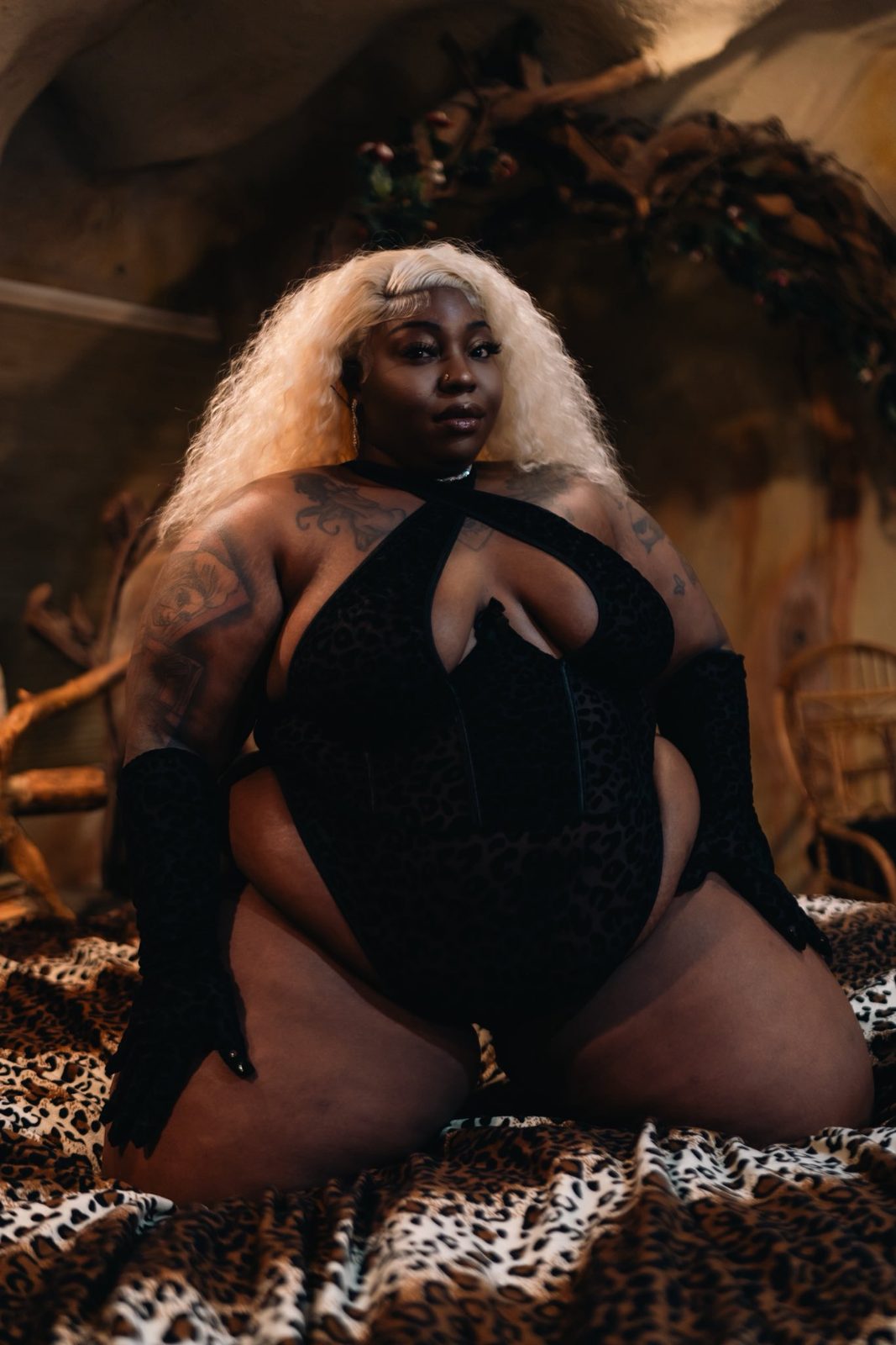 Leopard bodysuit studio shoot
